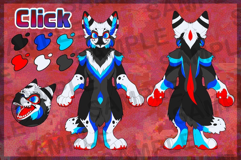 May include: A digital illustration of a furry character design. The character is primarily black with white, blue, and red accents. The design includes a front and back view, a headshot, and a color palette with the word "Click".