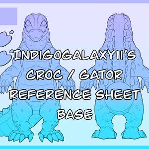 Op de afbeelding: Een blauw en wit referentieblad voor een Croc/Gator basis. Het blad bevat voor-, achter- en zijaanzichten van het personage, samen met een close-up van het hoofd en kleurenpaletstalen. De tekst op het blad luidt "INDIGOGALAXYII'S CROC / GATOR REFERENCE SHEET BASE."