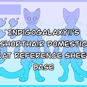 Op de afbeelding: Lijnkunst referentieblad voor het tekenen van een kortharige huiskat. Het blad bevat een voor- en achterkant van de kat, evenals een close-up van het kattengezicht. De tekst "INDIGOGALAXYII'S SHORTHAIR DOMESTIC CAT REFERENCE SHEET BASE" staat bovenaan het blad.