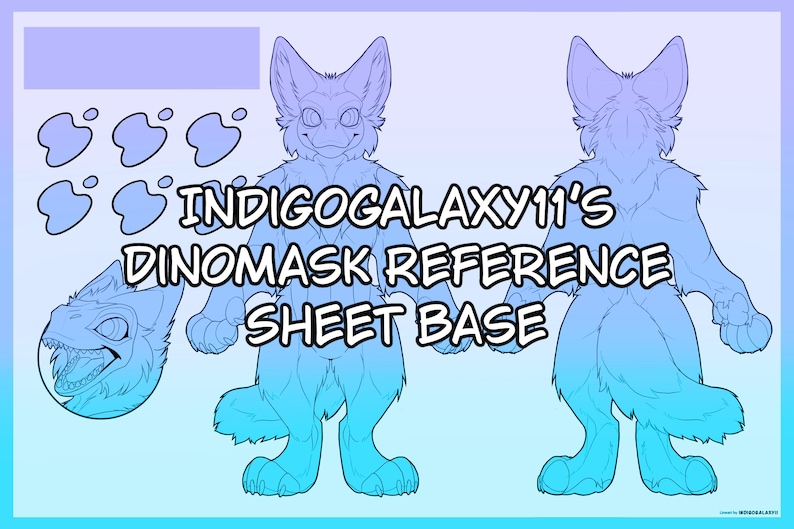 May include: A blue and white Dinomask reference sheet base with a front and back view of a furry character. The text "INDIGOGALAXY11'S DINOMASK REFERENCE SHEET BASE" is displayed in a bold font.
