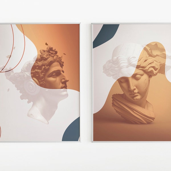 Set of 2 Orange White Ancient Aesthetic Statue Head Print- Eclectic Home Decor - Printable Wall Art- Digital Download Art - Pastel Art Print