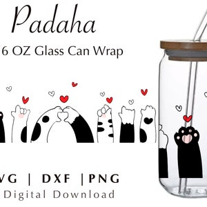 MEOW PAWS SVG for cricut, 16oz glass can wrap design, , 16oz Glass Can Cut Files, Svg Dxf Png File Digital Download