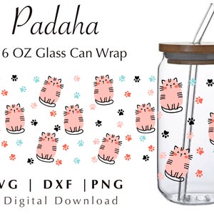 Pink cat meow SVG for cricut, 16oz glass can wrap design, , 16oz Cat Glass Can Cut Files, Svg Dxf Png File Digital Download,