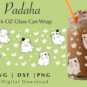Funny Ghost Cat, 16oz Glass Can Cut Files, Svg Dxf Png File Digital Download, Cute cat design, kawaii cat wrap design, Libby Glass can