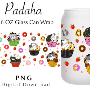 Catcupcake sublimation PNG 16oz glass can wrap design, 16oz Cat Glass Can PNG File Digital Download, kawaii sublimation design, cat design