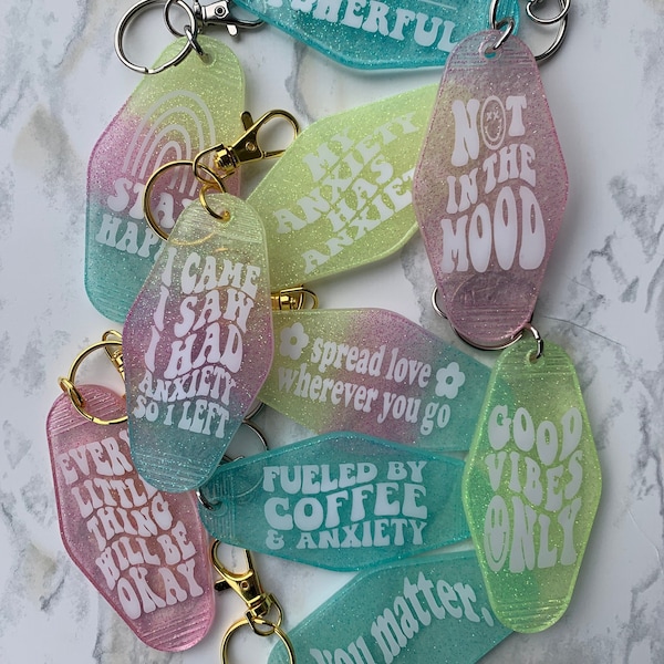 Positive Good Vibes Glitter Retro Motel Keychain | Mental Health Anxiety