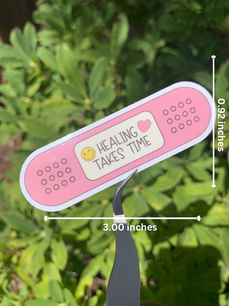 May include: Pink and white band-aid sticker with a smiley face, a heart, and the text "Healing Takes Time". The sticker is 7.62 cm long and 2.34 cm wide.