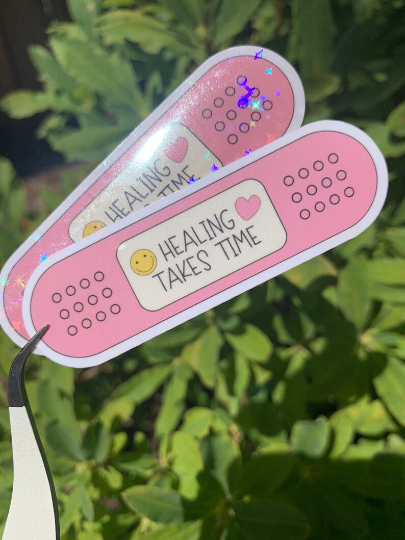 Healing takes time band-aid pink smiley face heart glossy holographic