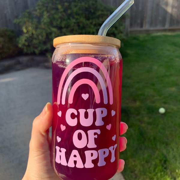 Cup of Happy Rainbow 16oz Libbey Glass Can | Pink Purple Positive Cute Mental Health Optimistic