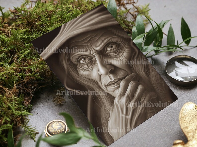 Old Witch Coloring Page, Grayscale Coloring Pages for Adults, Halloween ...