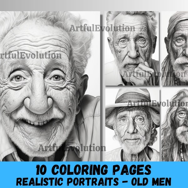 Realistic Grayscale Coloring Pages for Adults Printable Coloring Book Adult Coloring Pages Download Grayscale Illustration Old Men Portraits