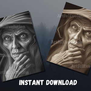 Old Witch Coloring Page, Grayscale Coloring Pages for Adults, Halloween ...