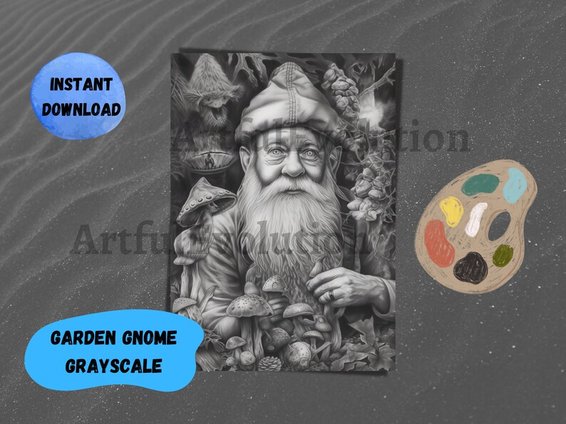 Enchanted Gnome Grayscale Coloring Pages for Adults Printable Adult