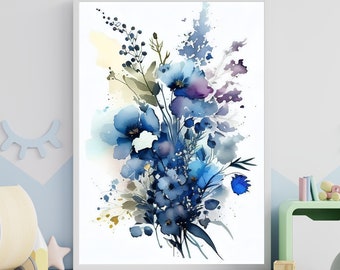 Flower Bouquet Mural Indigo Blue Digital Watercolor Drawing Illustration Downloadable watercolor art for a beautiful home