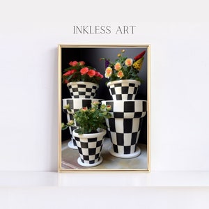 Imprimible elegante jardín delicia blanco y negro cortesado a cuadros macetas arte digital / decoración inspirada / decoración del hogar / arte de la pared