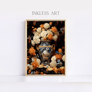 May include: A blue and white porcelain vase with a floral design, filled with white and orange flowers. The vase is surrounded by additional flowers and leaves on a dark background.