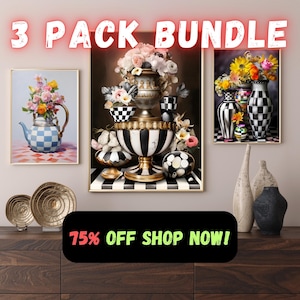 3 Pack Bundle Black And White Courtly Checkered Check Decor | Digital Art Print of A Pot And Flowers For Home Decor | Wall Art For Home