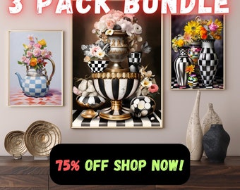 Lot de 3 décors à carreaux noirs et blancs | Impression d'art numérique d'un pot et de fleurs pour la décoration intérieure | Art mural pour la maison