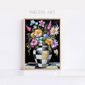 Elegant Garden Delight Black And White Courtly Checkered Check Flower Pot Digital Art | Inspired Decor | Home Decor | Wall Art | Mackenzie
