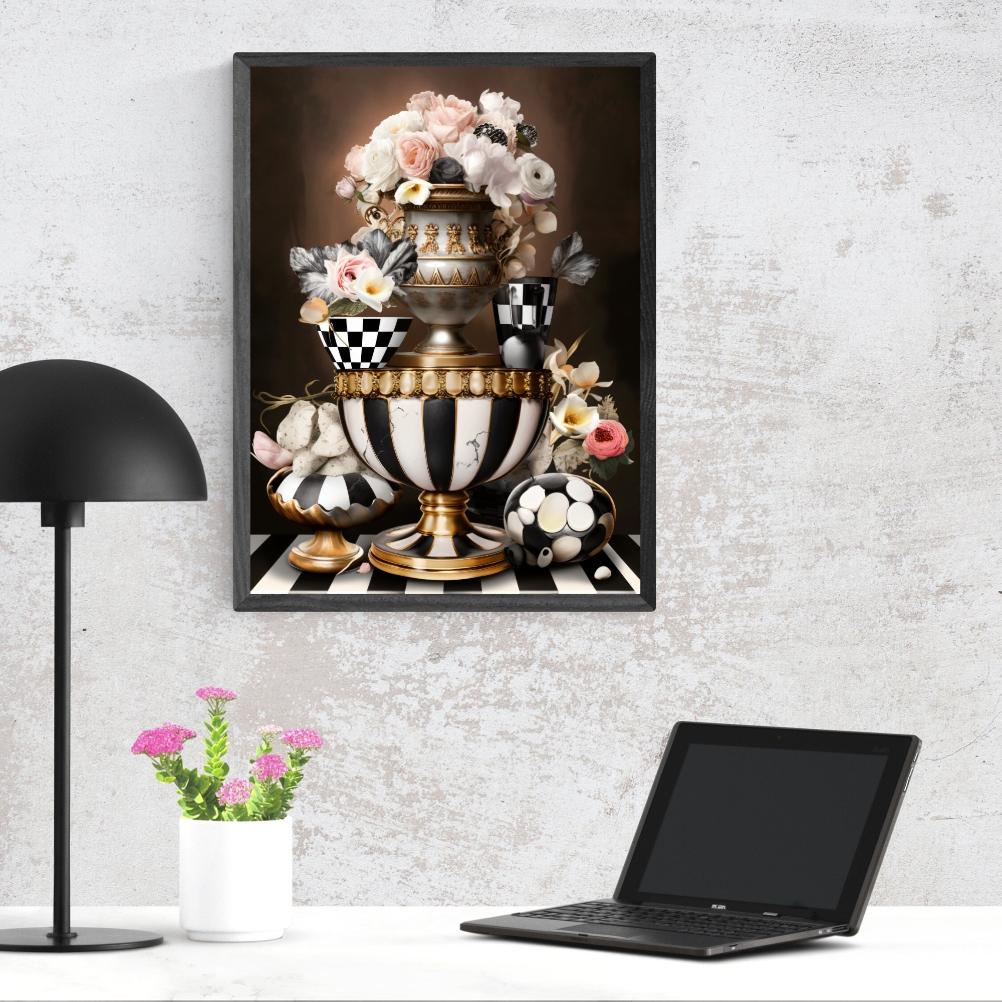 Black and White Checkered Decor Digital Art Print of A Pot and Flowers