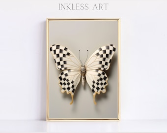 Elegant Butterfly Courtly Checkered Check Painting Printable Digital Art Print Of Butterflies For Home Decor | Wall Art | Minimalistic Decor