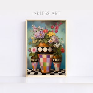Op de afbeelding: Een schilderij van een stilleven met drie kleurrijke keramische vazen met een boeket roze, paarse en witte bloemen. De vazen zijn versierd met een zwart-wit geruit patroon en een kleurrijk geometrisch patroon. De achtergrond is een lichtblauwe lucht.