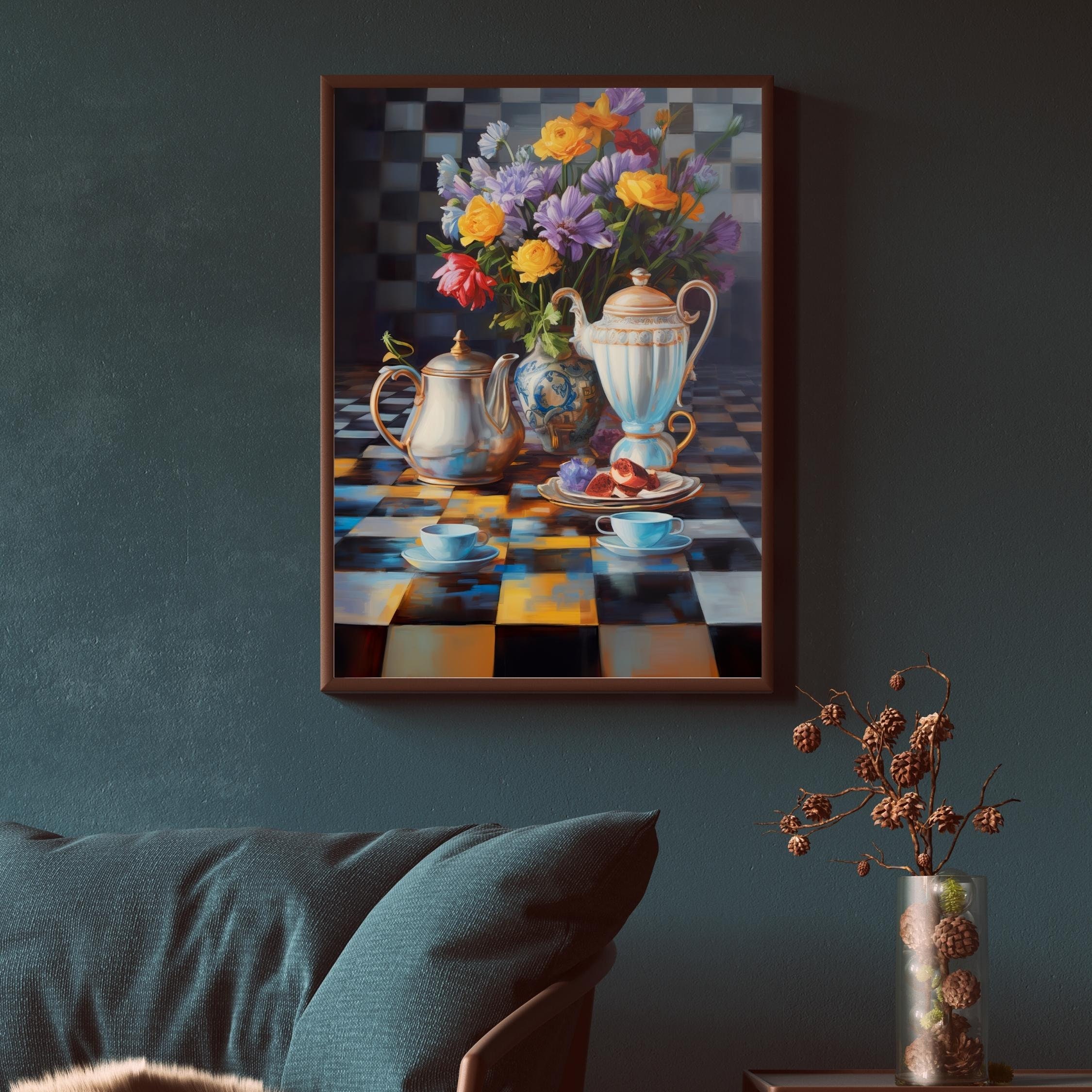 Printable Elegant Teapots Black and White Courtly Checkered Etsy