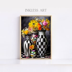 Printable Elegant Garden Delight Black And White Courtly Checkered Check Flower Pots Digital Art | Inspired Decor | Home Decor | Wall Art
