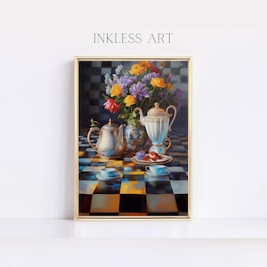 Printable Elegant Teapots Black And White Courtly Checkered Check Flower Pots Digital Art | Inspired Decor | Home Decor | Vintage Wall Art
