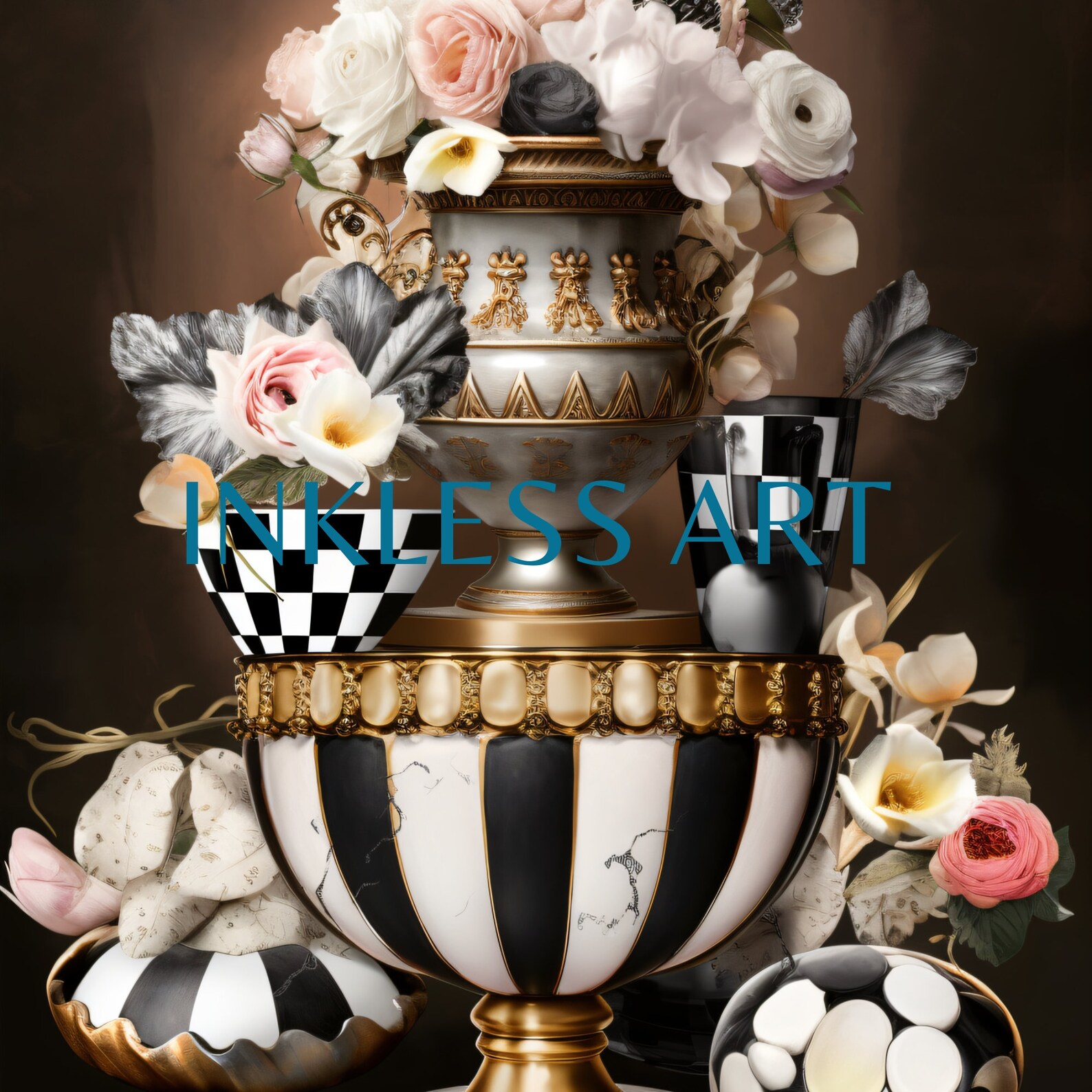 Black and White Checkered Decor Digital Art Print of A Pot and Flowers