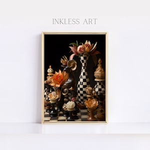 Black And White Courtly Checkered Chess Pots Painting | Digital Printable Art | Home Decor | DIY | Home Decoration | Wall Art Decoration