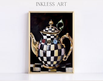 Elegant Black And White Courtly Checkered Check Decor Painting Printable Art | Digital Art Print Of A Teapot Home Decor | Wall Art Macknzie