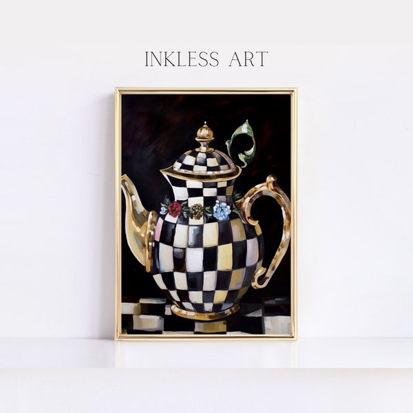 Élégant noir et blanc courtois Checkered Check Decor peinture Art imprimable | Impression d'art numérique d'une théière Home Decor | Art mural Macknzie