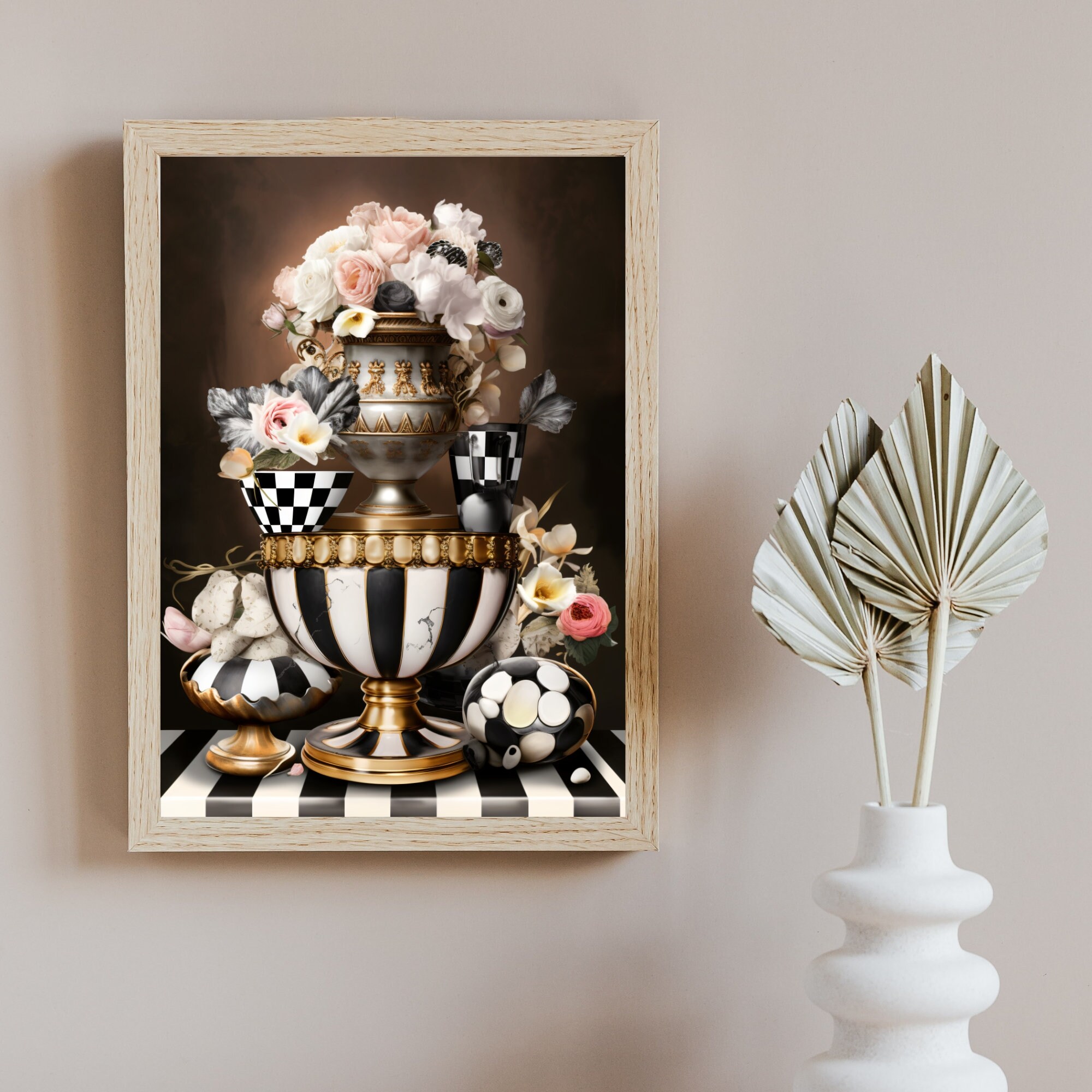 Black and White Checkered Decor Digital Art Print of A Pot and Flowers