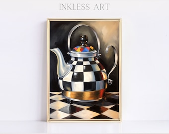 Black And White Courtly Checkered Check Decor Painting Printable Art | Digital Art Print Of A Teapot For Home Decor | Wall Art For
