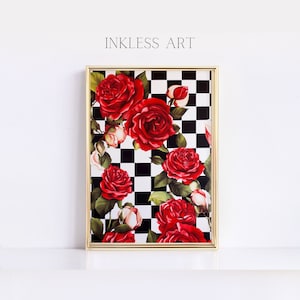 May include: A framed print featuring a black and white chequered background with red roses. The text "INKLESS ART" is at the top of the print.