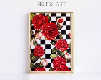 Black And White Courtly Checkered Check Decor Rose Pattern | Digital Wall Art | Flowers Pattern Art | Wall Art For Home | Floral Pattern