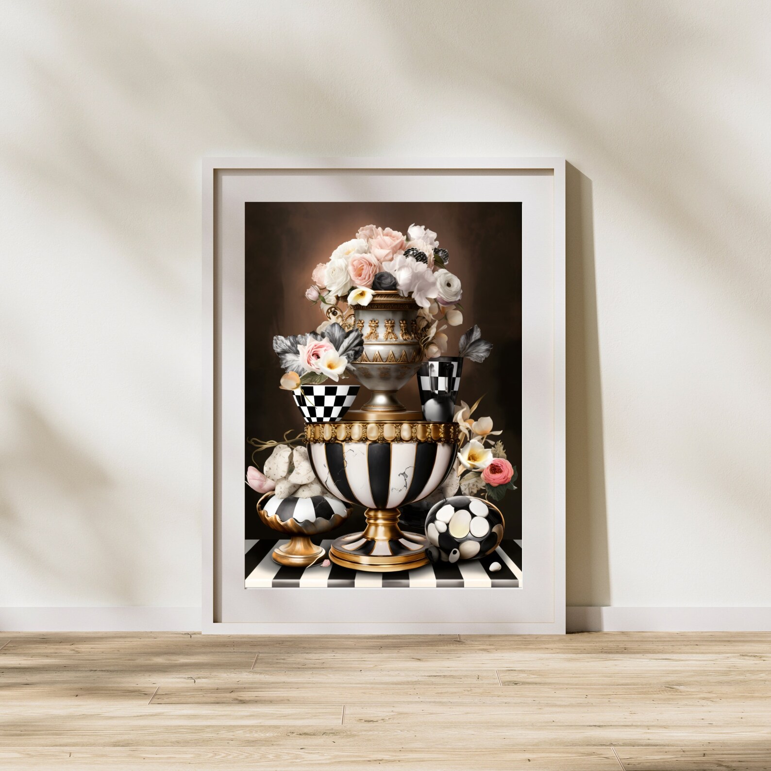 Black and White Checkered Decor Digital Art Print of A Pot and Flowers