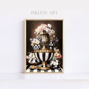 Black And White Checkered Decor | Digital Art Print of A Pot And Flowers For Home Decor | Minimalist Decoration | Wall Art For Home