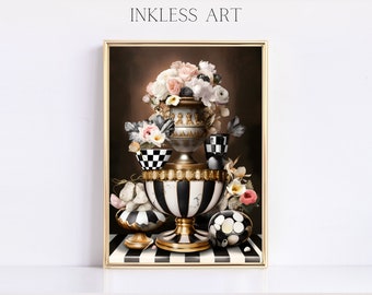 Décor à carreaux noir et blanc | Impression d'art numérique d'un pot et de fleurs pour la décoration intérieure | Décoration minimaliste | Art mural pour la maison