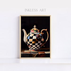 Elegant Black And White Courtly Checkered Check Decor Painting Printable Art | Digital Art Print Of A Teapot For Home Decor | Wall Art