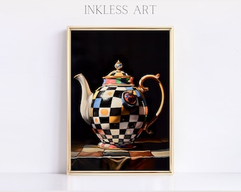 Elegant Black And White Courtly Checkered Check Decor Painting Printable Art | Digital Art Print Of A Teapot For Home Decor | Wall Art