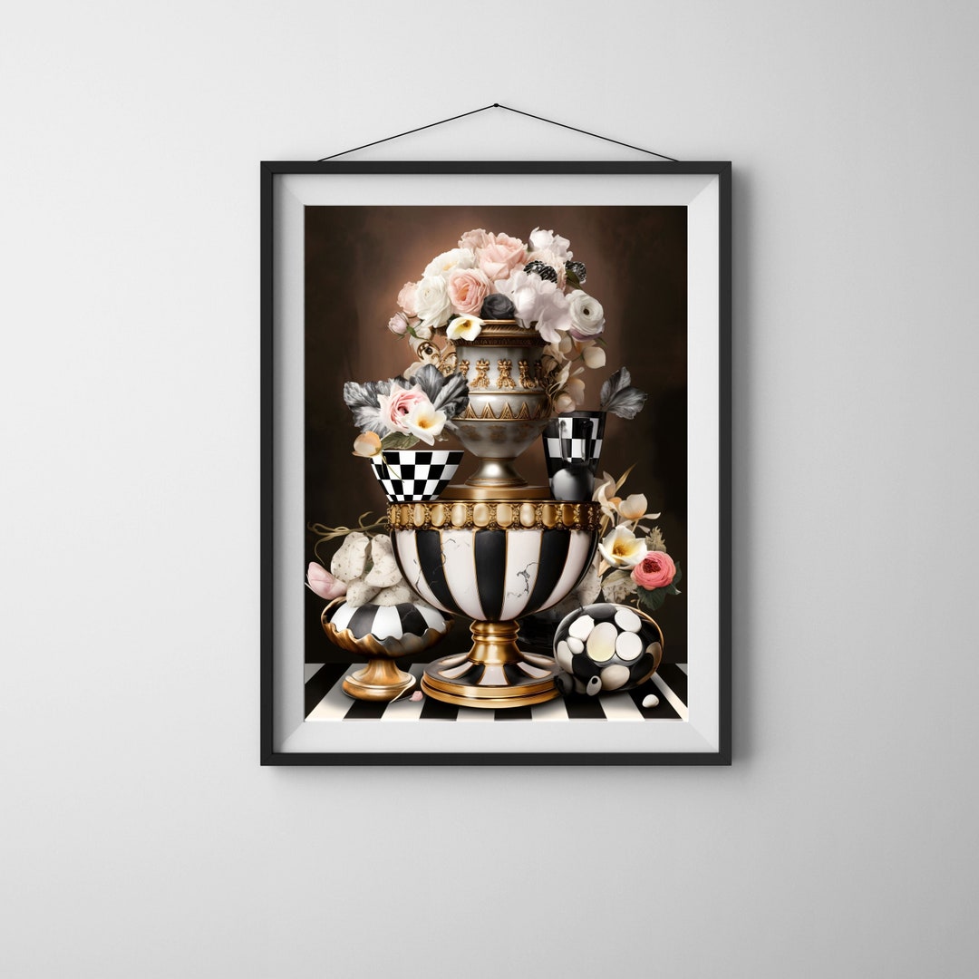 Black and White Checkered Decor Digital Art Print of A Pot Etsy