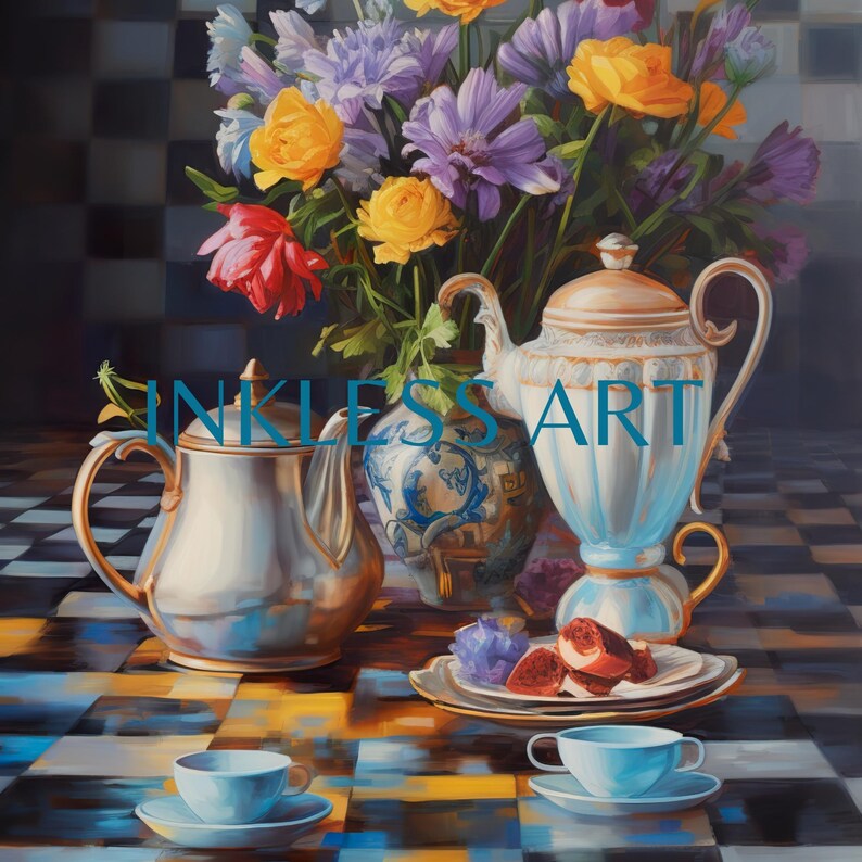 Printable Elegant Teapots Black and White Courtly Checkered Etsy