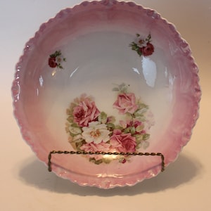 Pink fruit bowl, 9.75&quot; diameter, transferware, decorated with roses, 1930s