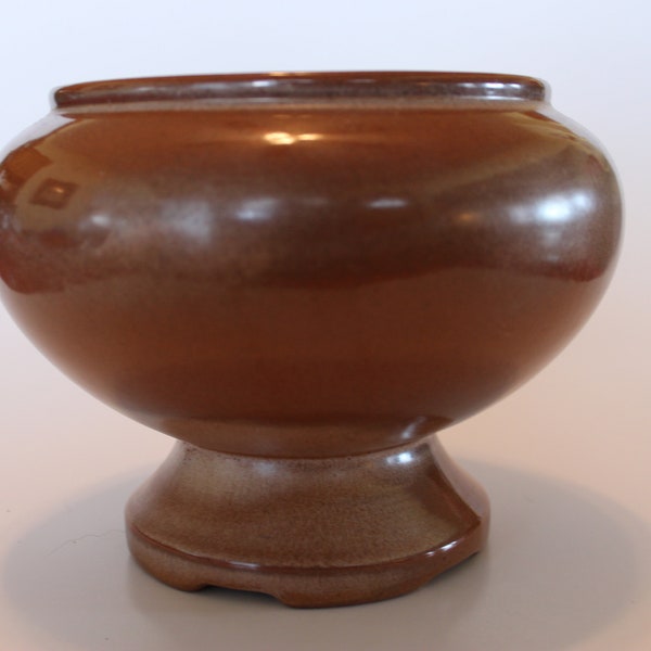 Frankoma Pottery #22, brown planter / vase, 6" opening, footed (Chip on the '22' on base, and small one on side)