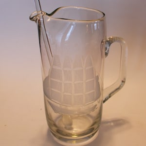 Martini pitcher, 10&quot; tall, with glass stirrer and finely etched schooner