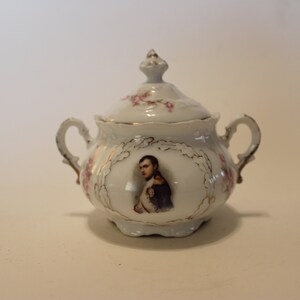 Vintage (Victorian) Sugar Bowl with flowers and a portrait of Napoleon. Slight use-wear on the top handle
