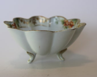 Nippon Hand-Painted Candy/Trinket dish with three legs, fluted design, floral & gold