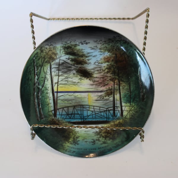 The Jonroth Studios, Germany hand-painted 7" plate, 'Moonlight on Lake Bemidji'. Exceptional!